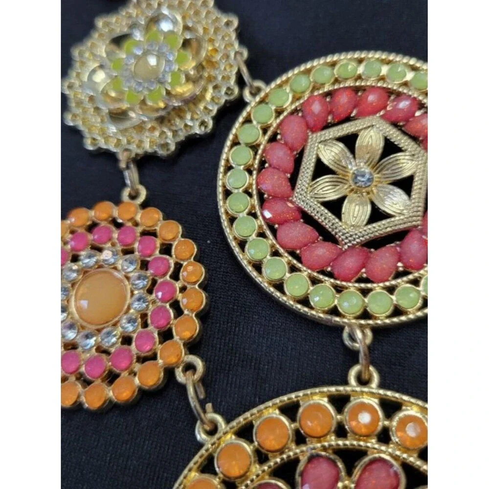 Vintage Mexican Bib Cascade Beaded Pendant Chain Necklace Orange Gold Green Red